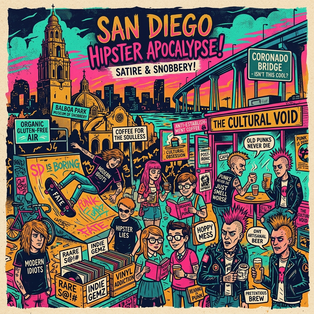 San Diego landmarks, dated punk, indie, new wave, library cute kids skating and hanging out